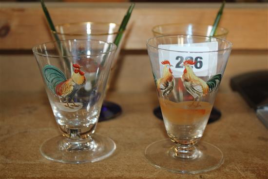 4 enamel glass cocktail glasses, 4 cocktail sticks